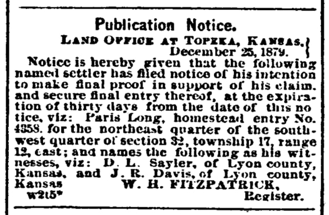 A homestead announcement, Emporia News newspaper 6 February 1880