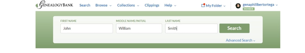 A screenshot of GenealogyBank's search engine showing a search for John William Smith