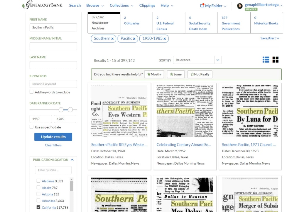 A screenshot of GenealogyBank's search results after a search for Southern Pacific