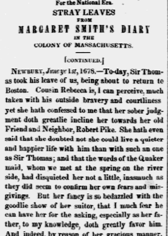 An article about Margaret Smith's diary, National Era newspaper 15 June 1848