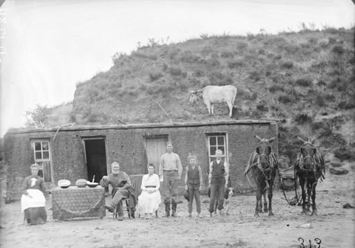 Photo: Sylvester Rawding family sod house, 1886. Credit: Solomon D. Butcher; Wikimedia Commons.