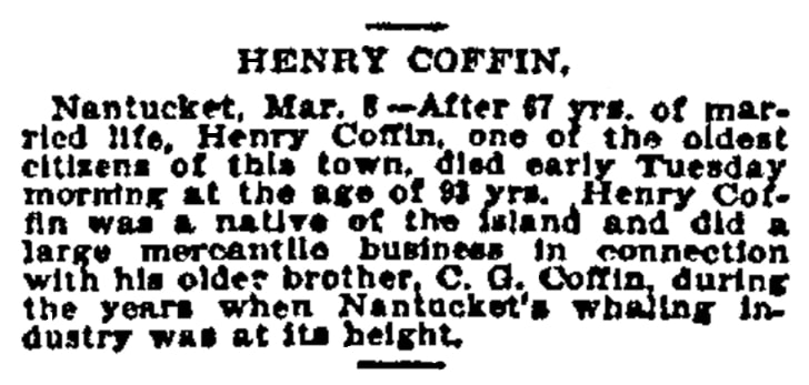 An article about Henry Coffin, Boston Daily Advertiser newspaper 9 March 1900