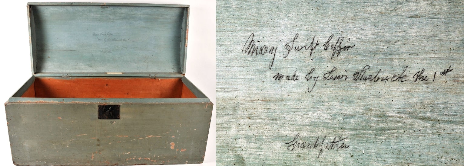 Photos: trunk made by Captain Starbuck and later used by his granddaughter Mary Swift (Coffin) Carlisle, and an inscription written on the underside of the lid. Credit: Nantucket Historical Association.