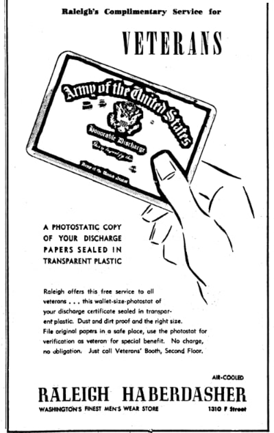 An article about wallet-sized WWII discharge certificates, Evening Star newspaper 22 June 1945