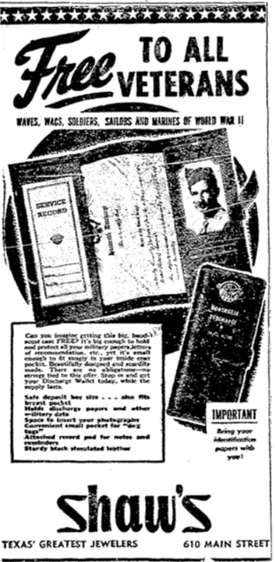 An article about wallet-sized WWII discharge certificates, Houston Chronicle newspaper 2 September 1945