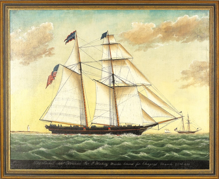 Illustration: “The Packet Schr. Heroine, Geo. G. Hussey Master, bound for Chagres, March 22nd, 1850.” Credit: Nantucket Historical Association.