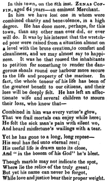 An article about Zenas Coffin, Nantucket Inquirer newspaper 12 July 1828