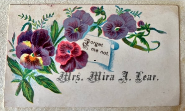 Photo: calling card for Mrs. Mira A. Lear. Credit: from the collection of Gena Philibert-Ortega.