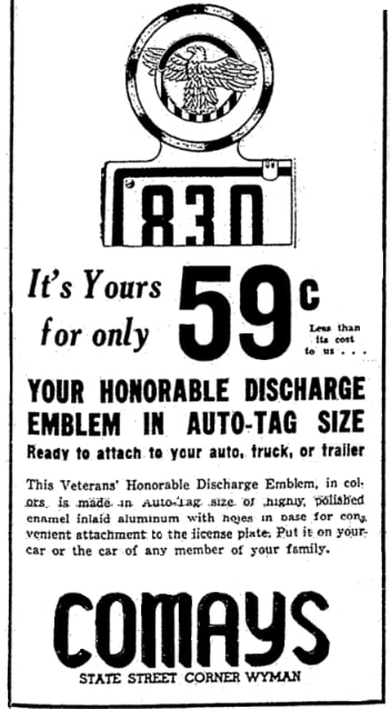 An article about auto tags for WWII veterans, Register-Republic newspaper 4 July 1946