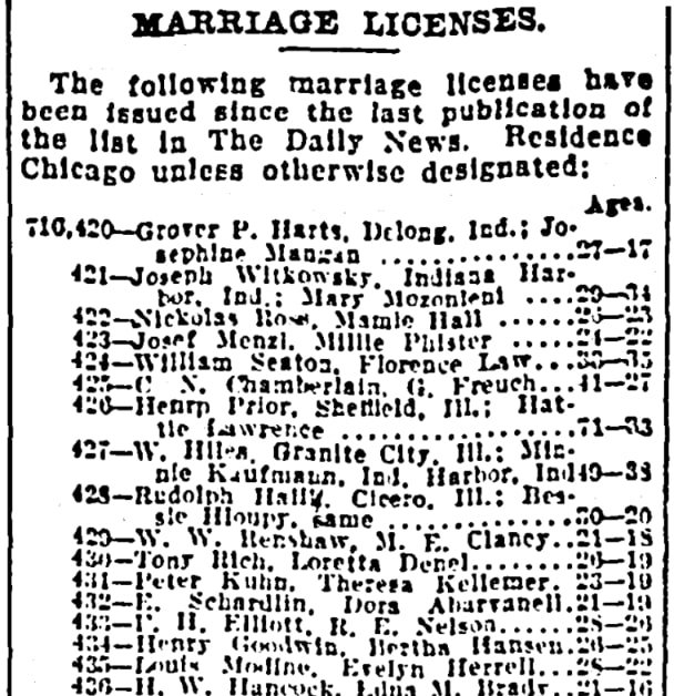 An article about marriage licenses, Chicago Daily News newspaper 31 December 1915