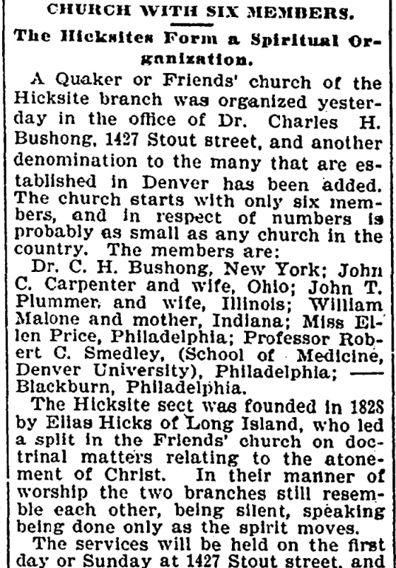 An article about a Hicksite branch of the Quaker church, Denver Post newspaper 22 January 1900