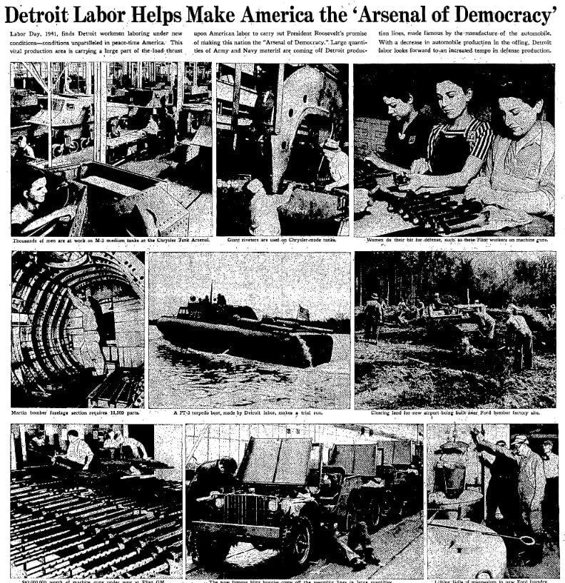 An article about American workers and armaments manufacture in WWII, Detroit News newspaper 1 September 1941