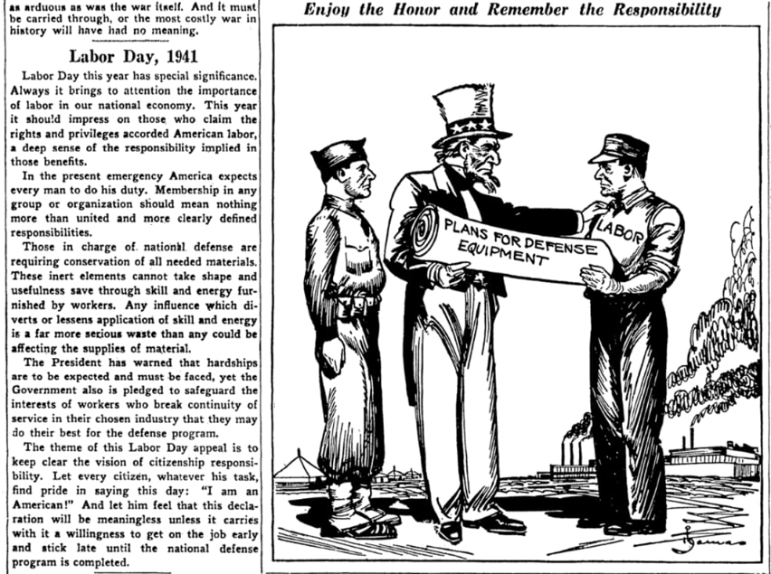 An article about American labor building armaments for WWII, Detroit News newspaper 1 September 1941