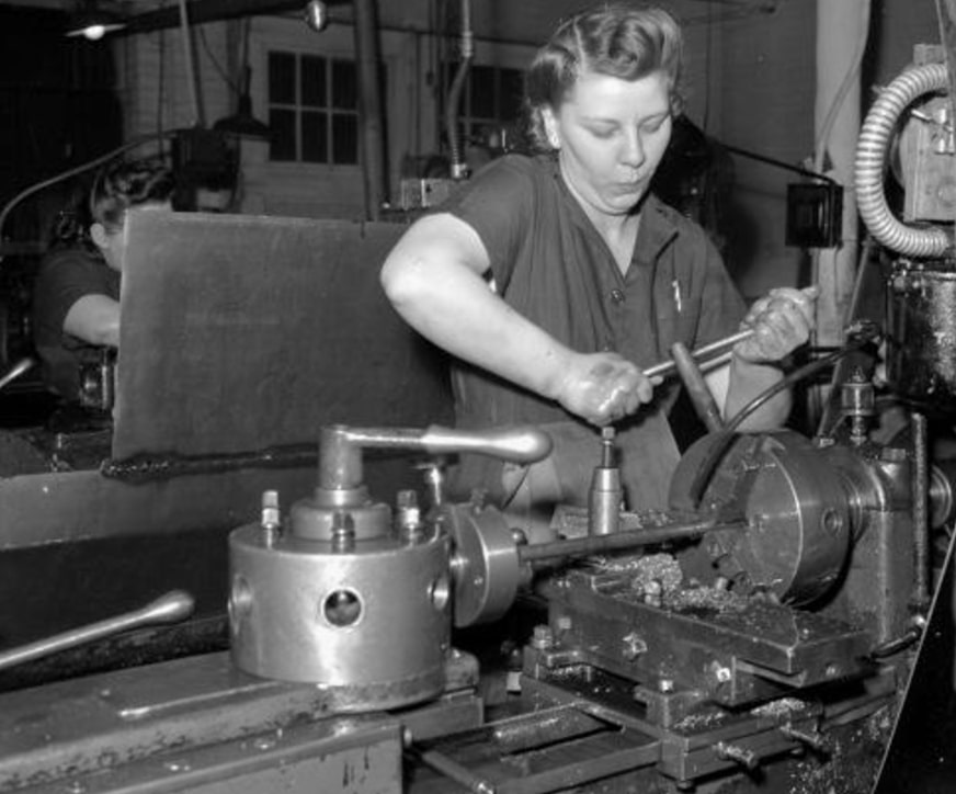 Photo: Janet Kinsman, munitions worker at the Morley Knight Company in Detroit, Michigan. Credit: Walter P. Reuther Library, Archives of Labor and Urban Affairs, Wayne State University.