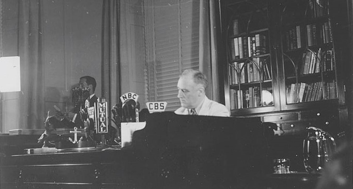 Photo: President Roosevelt giving his radio speech on Labor Day, 1941. Credit: Franklin D. Roosevelt Presidential Library and Museum: Photograph Collection. # 47-96:1523.