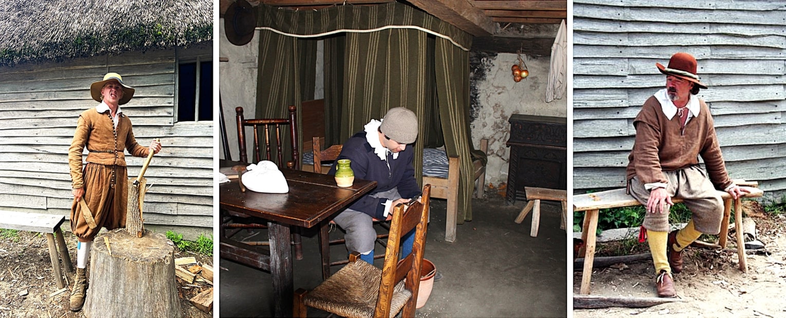 Photos: (left to right) John Jr. splitting wood; Francis sitting at a table; and John Sr. sitting on a bench. Credit: Plimoth Patuxet Museums.