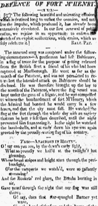 An article about "The Star-Spangled Banner," Enquirer newspaper 28 September 1814