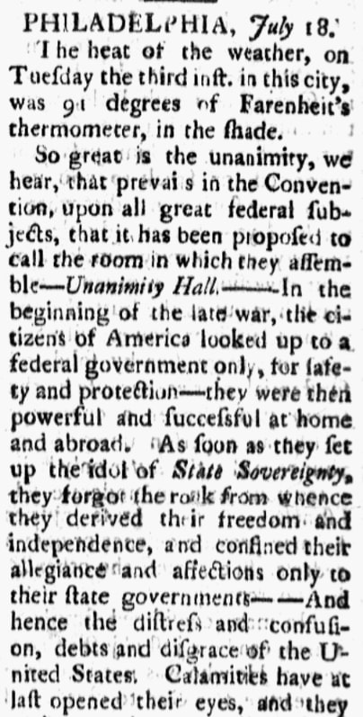 An article about the Constitutional Convention, Essex Journal newspaper 1 August 1787