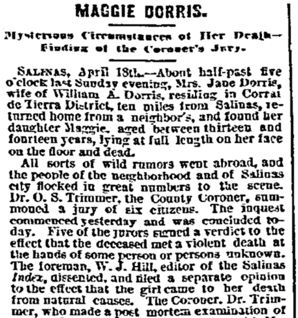 An article about Maggie Dorris, Evening Bulletin newspaper 19 April 1882