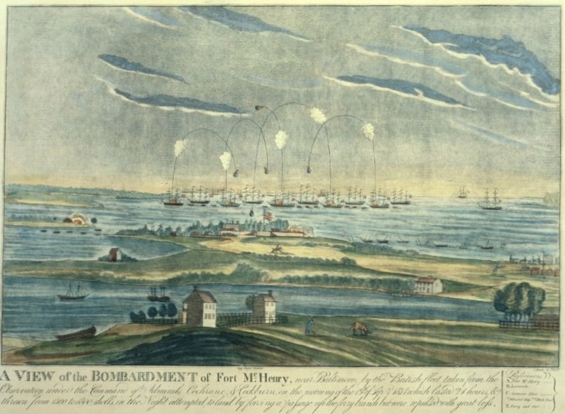 Illustration: the caption reads “A VIEW of the BOMBARDMENT of Fort McHenry, near Baltimore, by the British fleet taken from the Observatory under the Command of Admirals Cochrane & Cockburn on the morning of the 13th of Sept. 1814 which lasted 24 hours.” Credit: PD-ART; Wikimedia Commons.