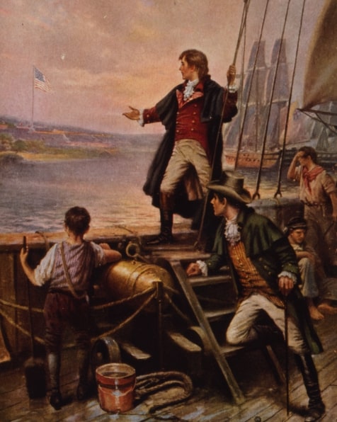 Illustration: “By Dawn’s Early Light” shows Francis Scott Key standing on boat, with right arm stretched out toward the United States flag flying over Fort McHenry, Baltimore, Maryland, on 14 September 1814, by Edward Percy Moran, 1913. Credit: Library of Congress, Prints and Photographs Division.