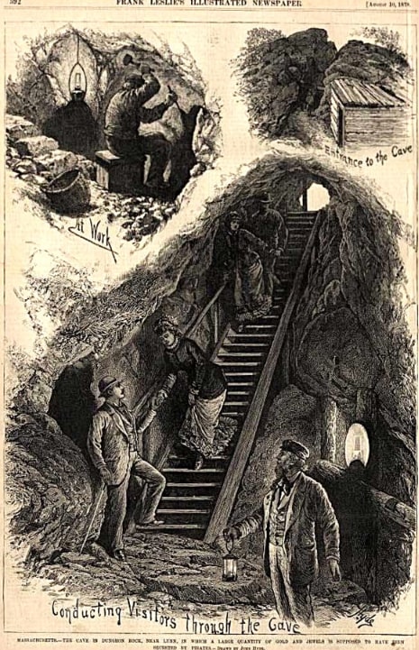 Illustration: visitors on a guided tour in the Dungeon Rock cave with Hiram Marble. Credit: Frank Leslie’s Illustrated Newspaper, August 1878; Wikimedia Commons.