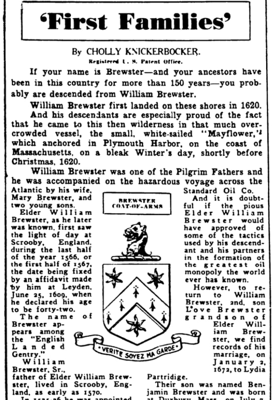 An article about William Brewster, New York American newspaper 20 November 1932