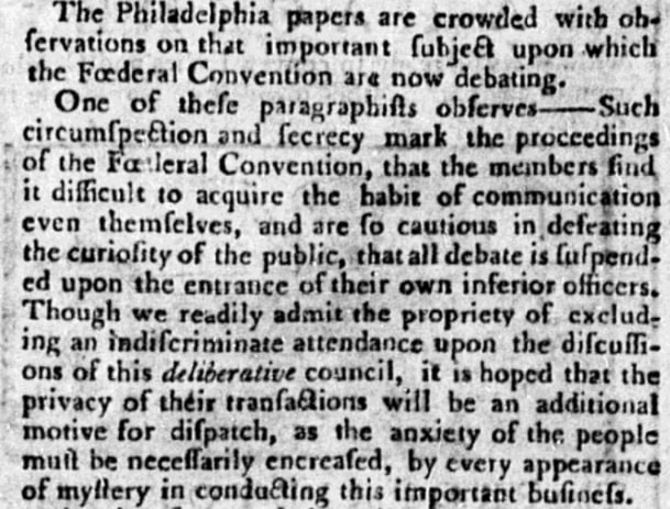 An article about the Constitutional Convention, New-York Journal newspaper 7 June 1787