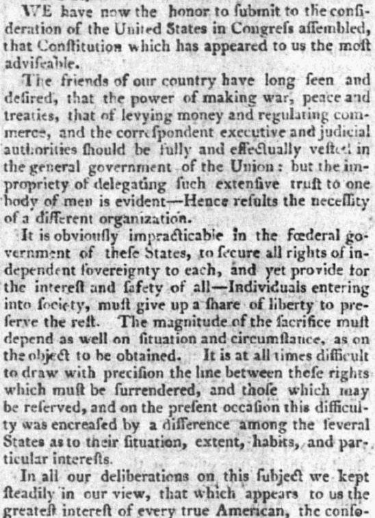 An article about the Constitutional Convention, New-York Packet newspaper 21 September 1787