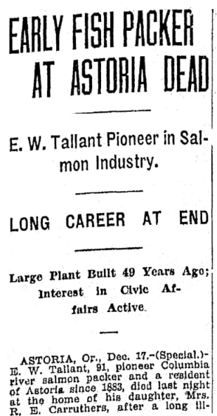 An article about Eben W. Tallant, Oregonian newspaper 18 December 1932