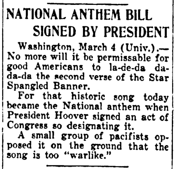 An article about "The Star-Spangled Banner," Patriot newspaper 5 March 1931