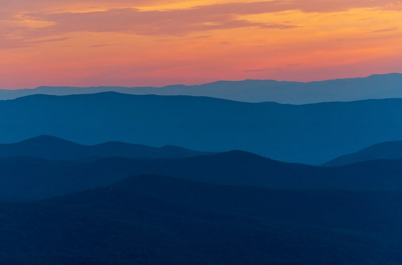 Photo: sunset over the Blue Ridge Mountains in Shenandoah National Park, Virginia. Credit: Department of the Interior; Wikimedia Commons.