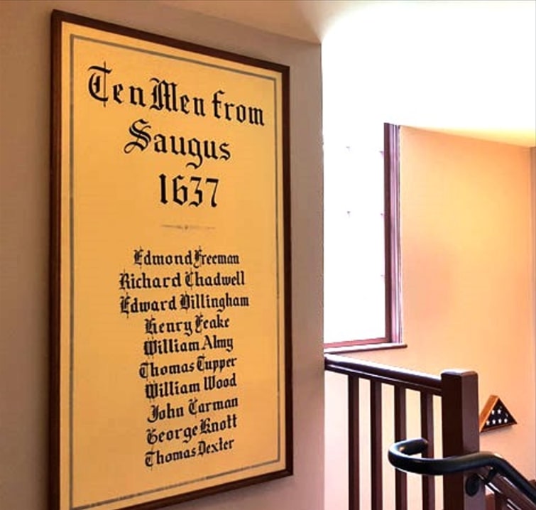 Photo: “Ten Men from Saugus” marker, located on the second-floor landing just outside the door to the main meeting hall in Sandwich Town Hall building. Credit: Kathy Coggeshall and Sandwich Historical Commission.