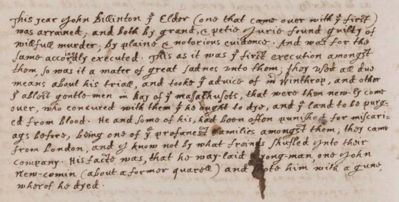 Photo: passage from Bradford’s journal referring to Billington’s case. Credit: Smith’s Castle, North Kingstown, Rhode Island.