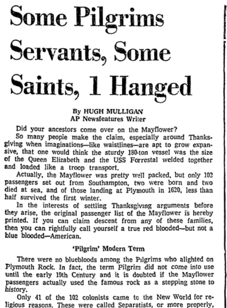 An article about the Mayflower passengers and their fate, San Antonio News newspaper 27 November 1958