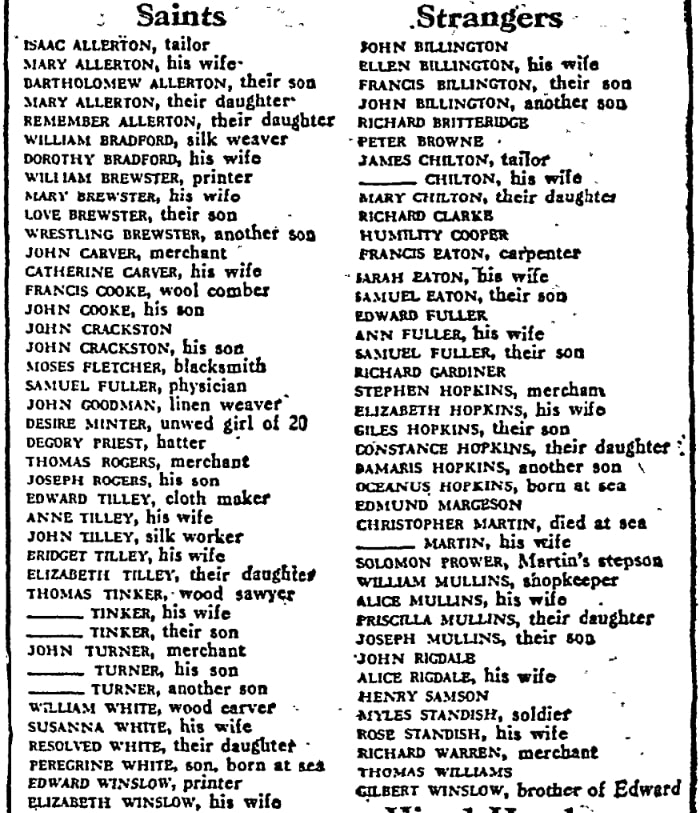 An article about the Mayflower passengers, San Antonio News newspaper 27 November 1958