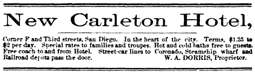 An ad for the New Carleton Hotel, San Diego Union newspaper 17 April 1889