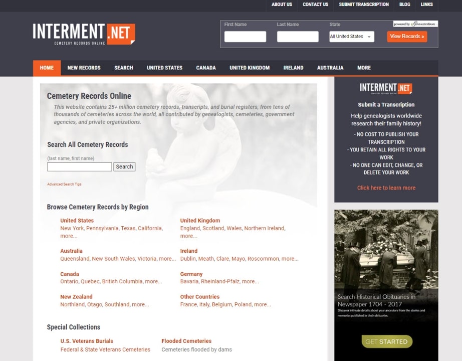 Screenshot: Interment.net home page. Credit: Interment.net