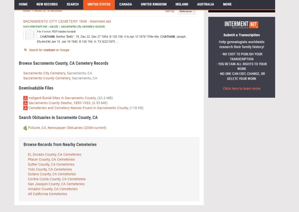 Screenshot: Interment.net Sacramento County, California, search options page. Credit: Interment.net