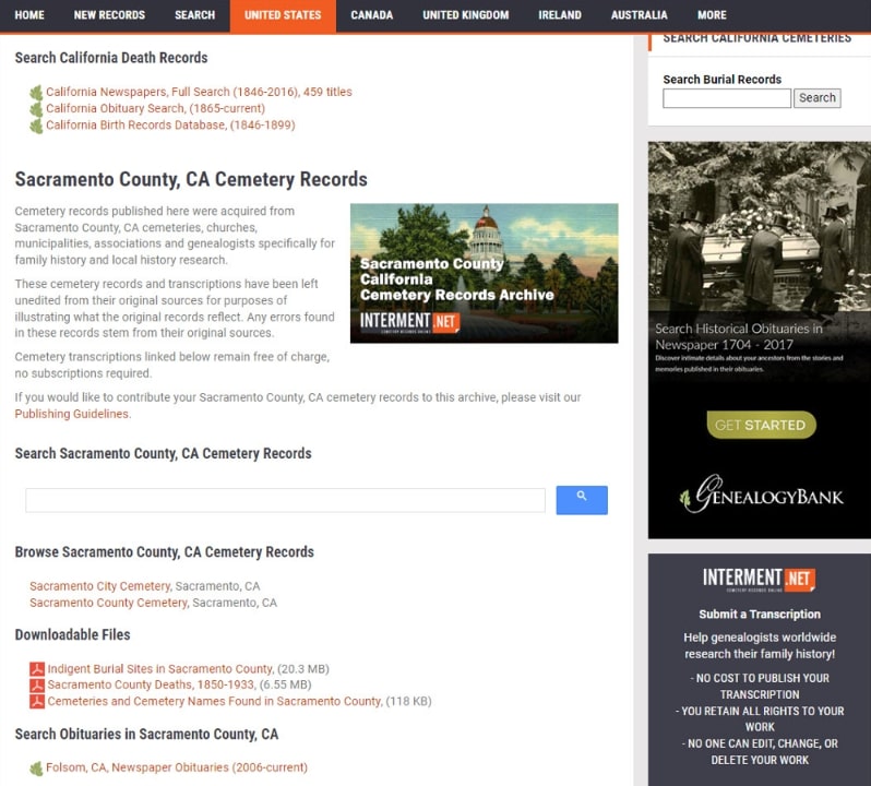 Screenshot: Interment.net Sacramento County, California, page. Credit: Interment.net
