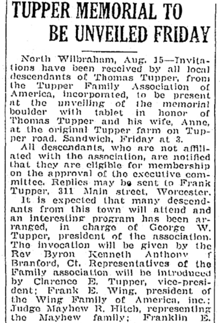 An article about the Tupper Monument, Springfield Daily News newspaper 15 August 1939