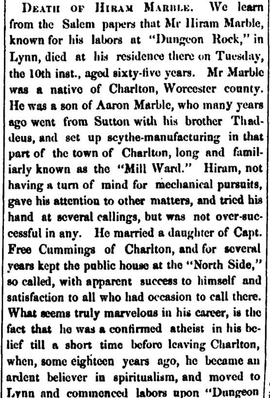 An article about Hiram Marble, Worcester Palladium newspaper 18 November 1868