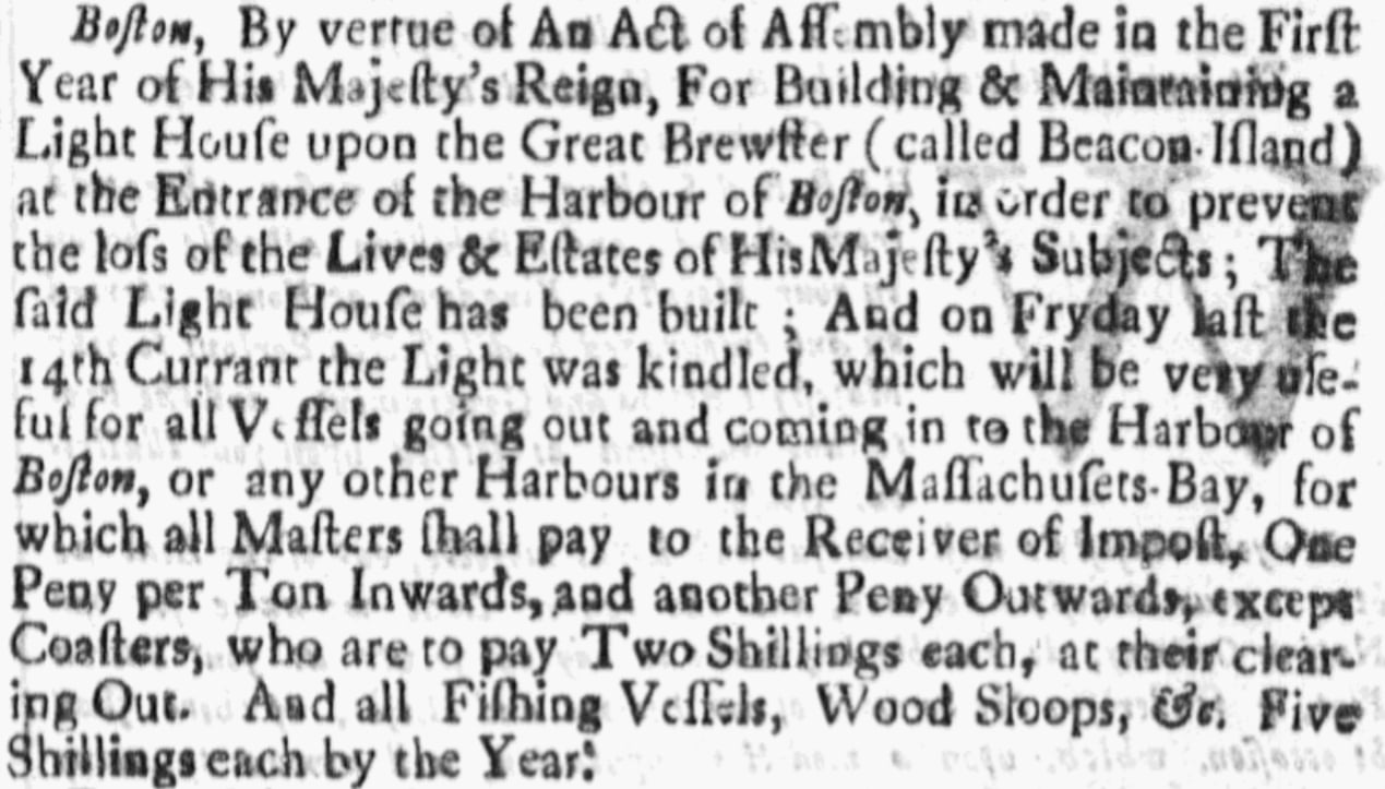 An article about the Boston Light, Boston News-Letter newspaper 17 September 1716