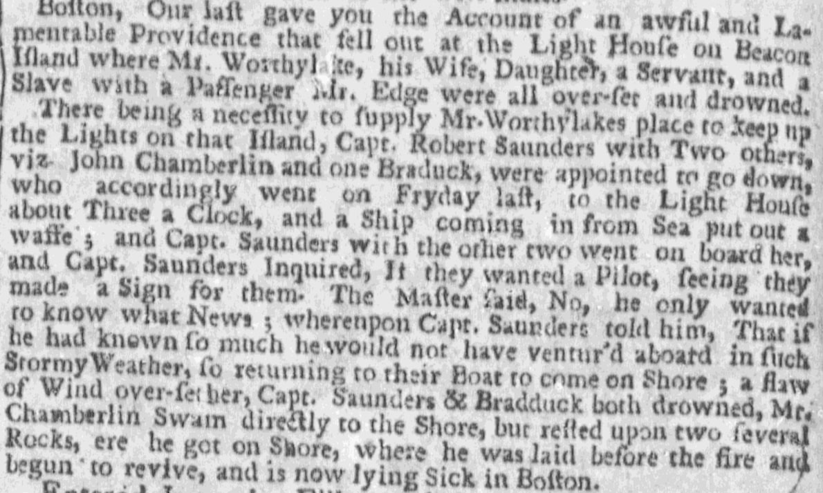 An article about the Boston Light tragedy, Boston News-Letter newspaper 17 November 1718