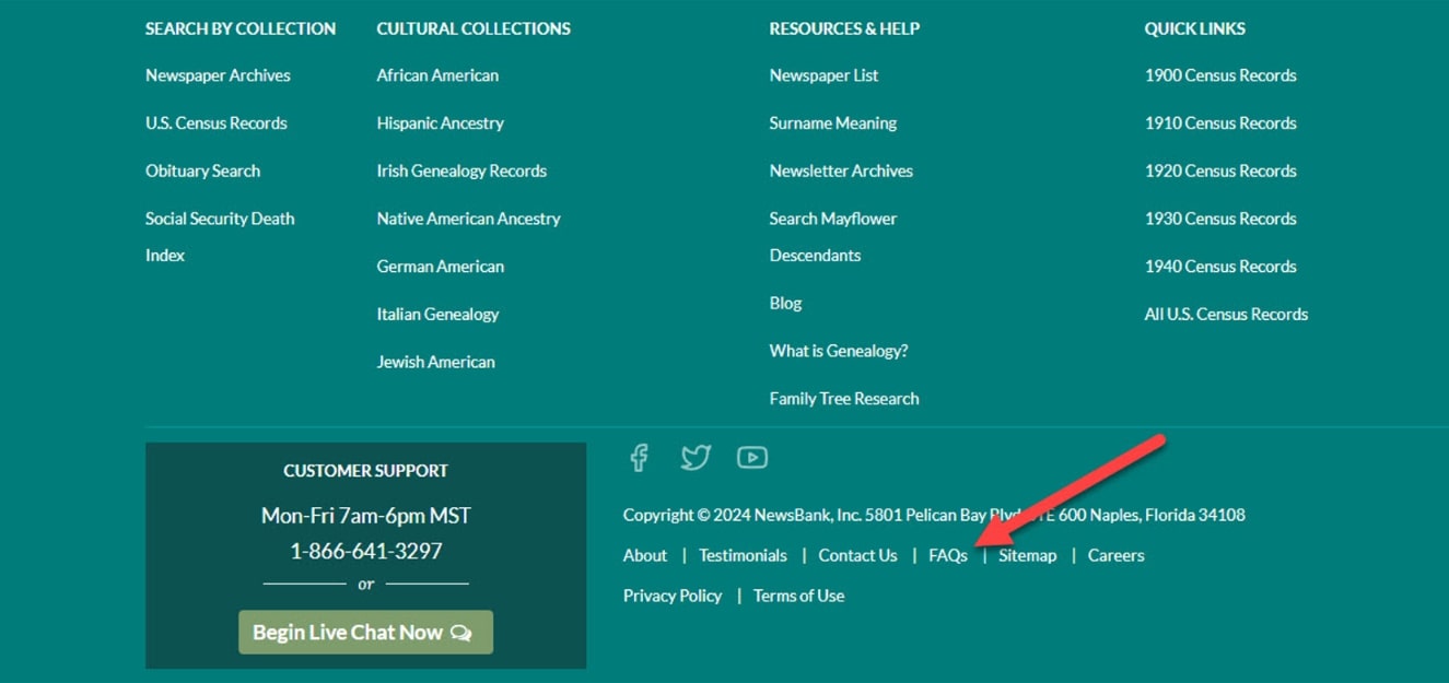 Screenshot: the bottom of GenealogyBank’s home page.