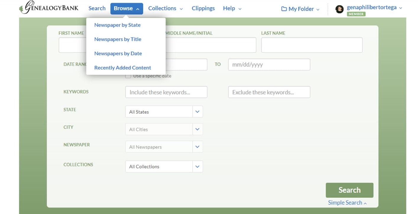 Screenshot: GenealogyBank’s browse drop-down menu.