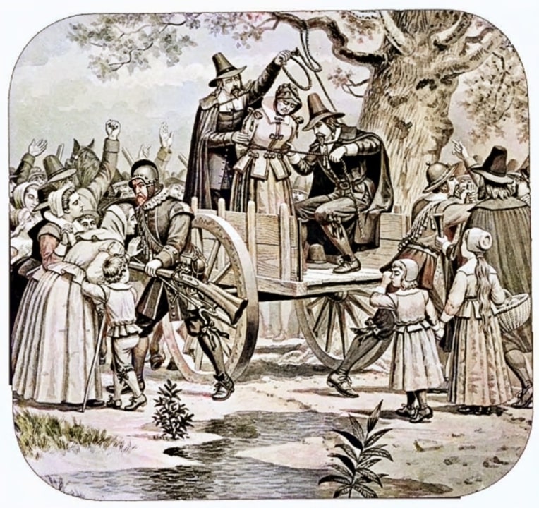 Illustration: colorized version of “The Execution of Bridget Bishop at Salem, 1692” by Joseph Boggs Beale, 1885.