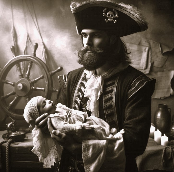 Illustration: Captain Don Pedro holding Ocean-Born Mary. Credit: Melissa Davenport Berry.