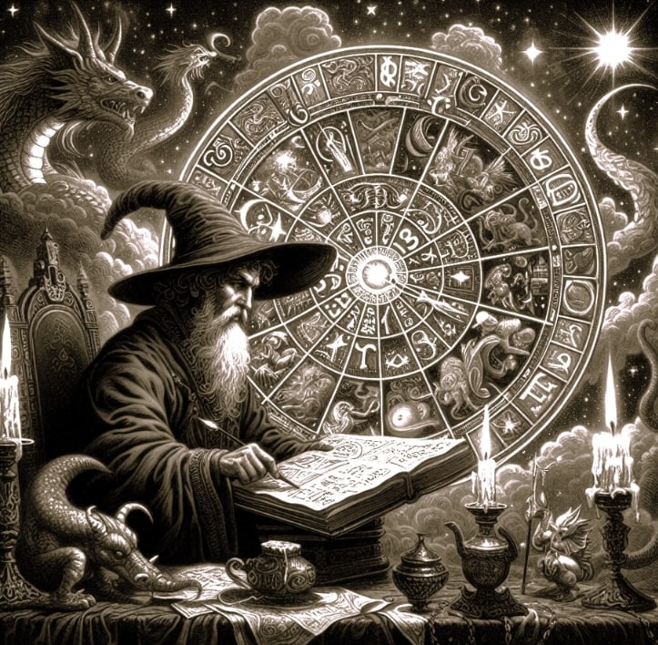 Illustration: wizard using astrology. Credit: Melissa Davenport Berry.