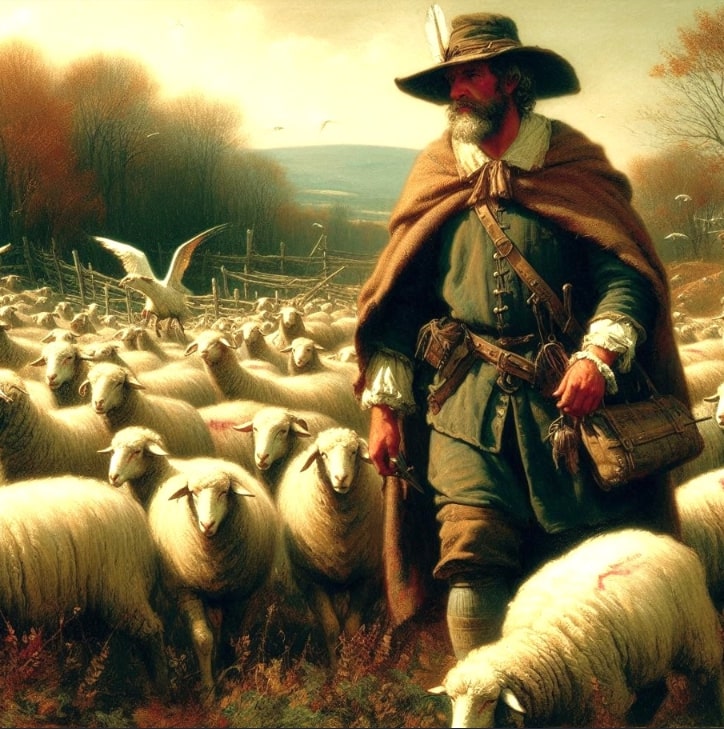 Illustration: John Godfrey herding sheep. Credit: Melissa Davenport Berry.